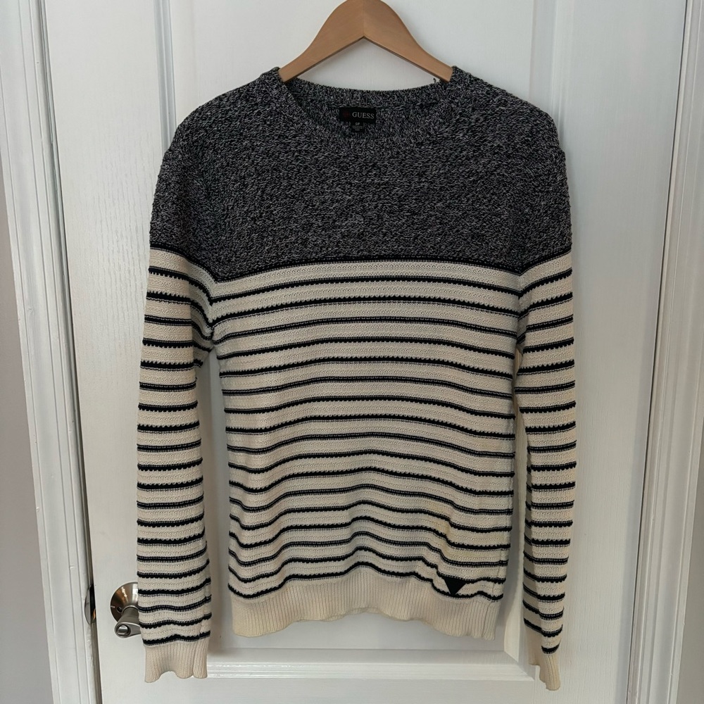 GUESS Men’s Striped Cotton Long Sleeve Sweater, Navy/Cream, Size S